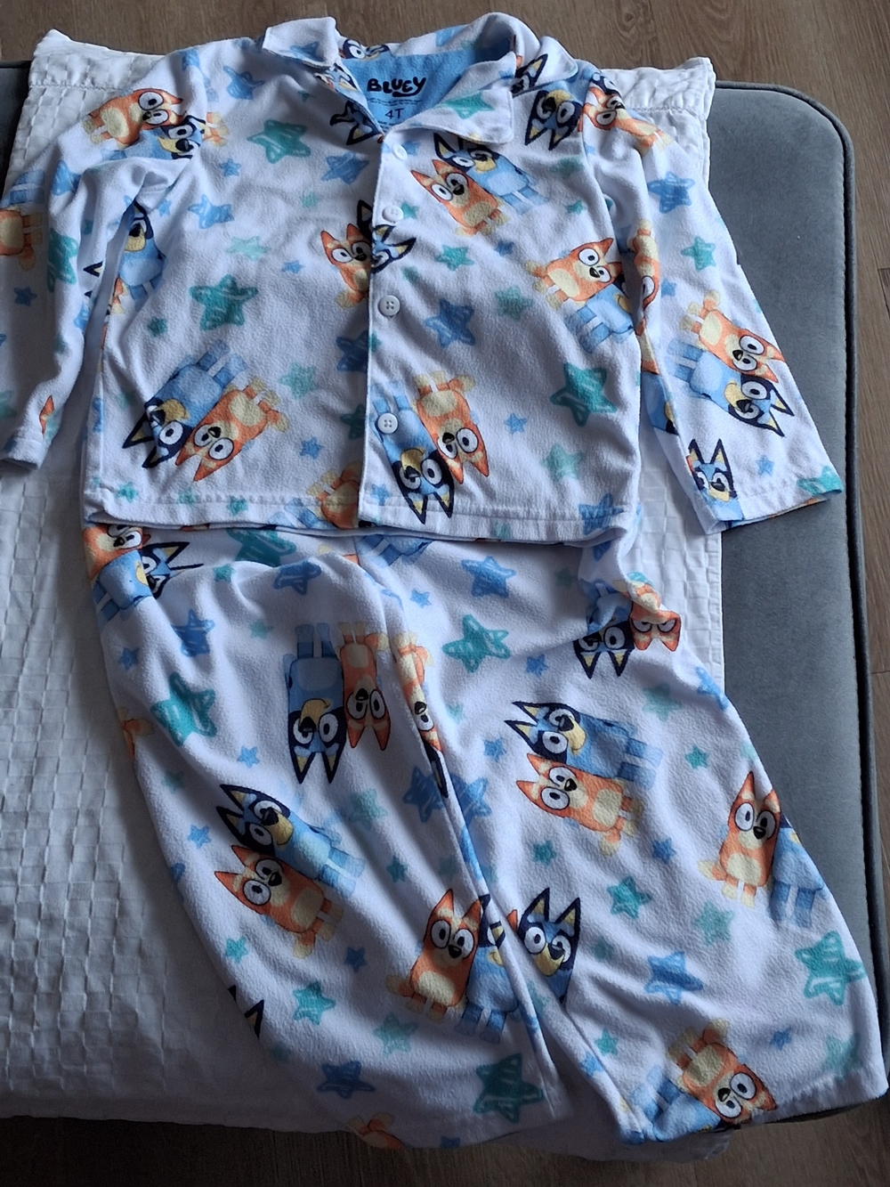 Blue & White Kids Fleece Pajama Set with Character Print - BluCy